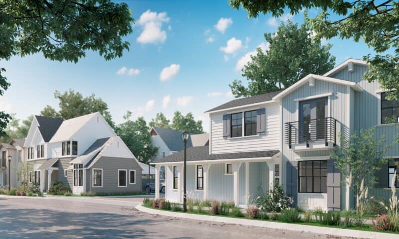 Rendering of neighborhood with grey and white houses and landscaped common areas.