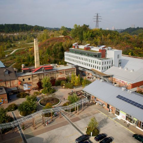 Aerial view of Evergreen Brick Works' interior courtyard space