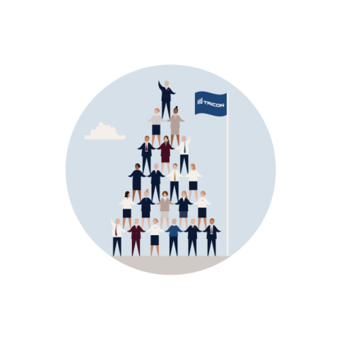 A pyramid of people with a Tricon Residential flag.